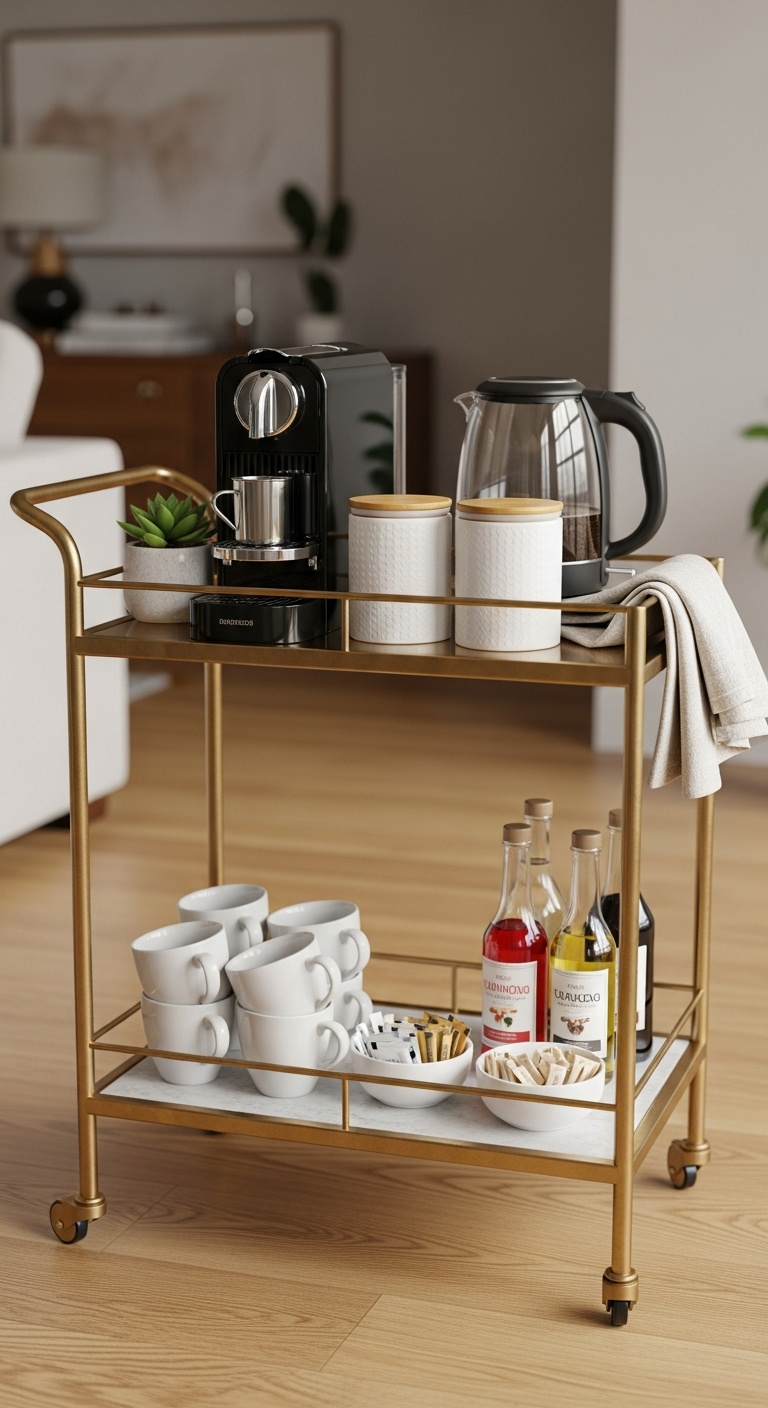 Stylish two-tiered gold metal bar cart set up as a coffee and tea station with an espresso machine and electric kettle