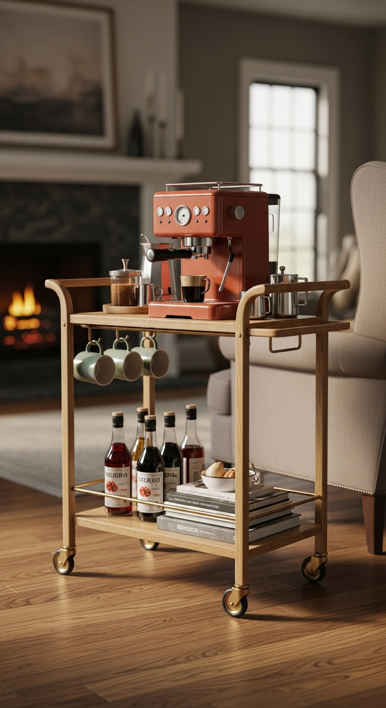 Stylish two-tiered metal and wood bar cart in a cozy living room with an espresso machine mugs syrups and books