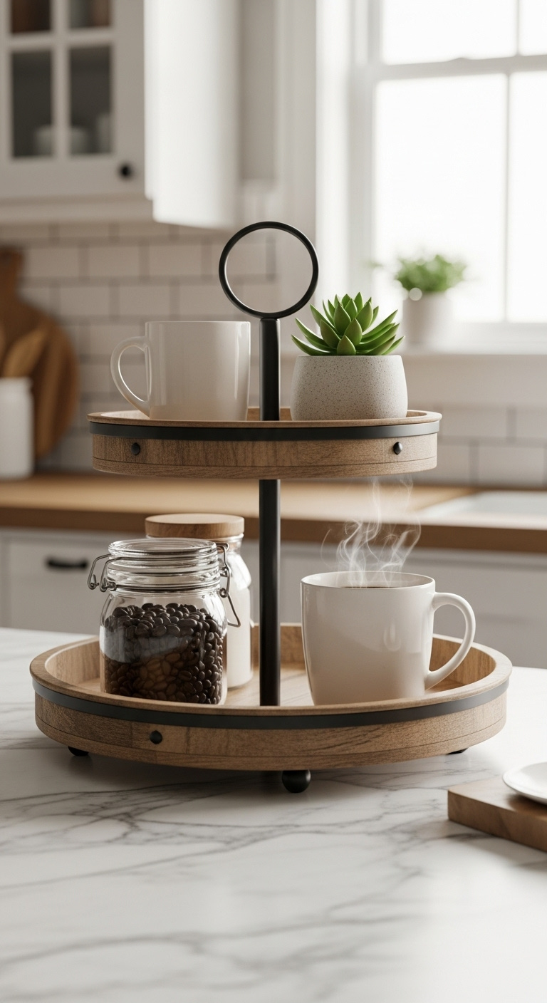 Stylish two tiered rustic wood and black metal tray organizing a coffee station with a mug and coffee beans on a marble countertop