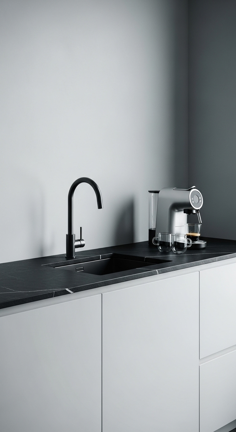 Stylish wet coffee bar with under mount sink and modern design