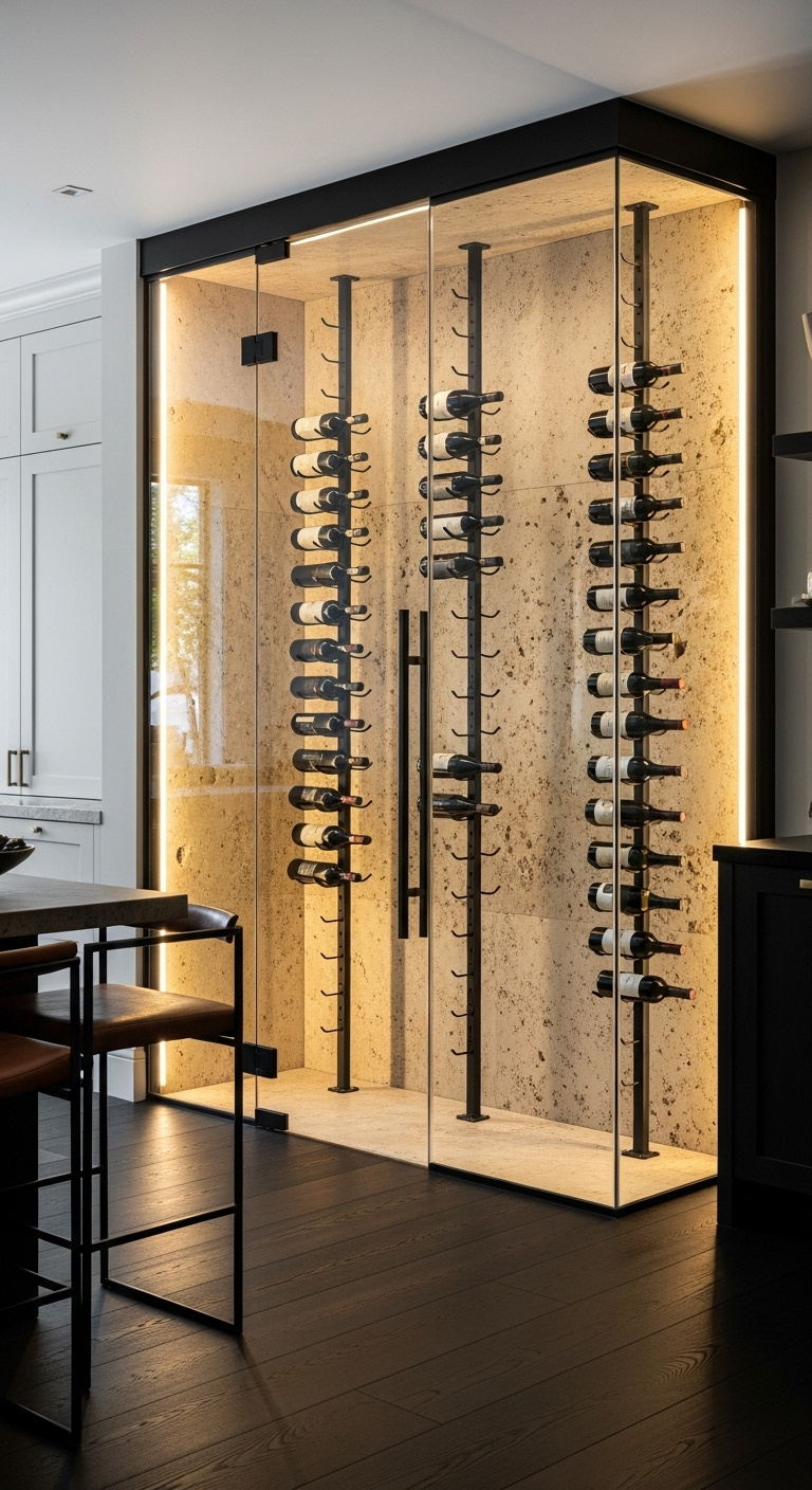 Stylish wine corner kitchen with built in fridge and wall mounted racks