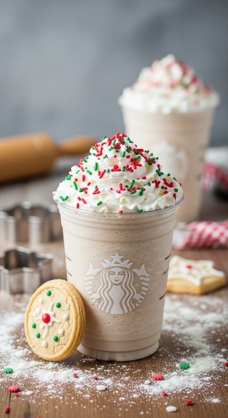 Sugar Cookie Crème Frappuccino with whipped cream, sprinkles, and a decorated sugar cookie on a flour-dusted wooden surface