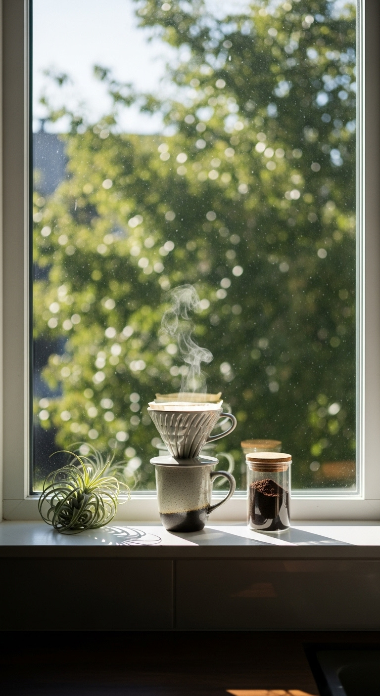 Sun-drenched window sill mini coffee station with a ceramic pour-over cone mug coffee grounds and an air plant