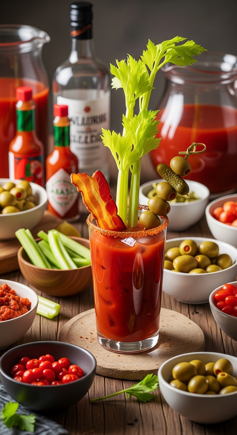 Sunday brunch Bloody Mary bar with garnished glass celery bacon olives pickles and various garnishes
