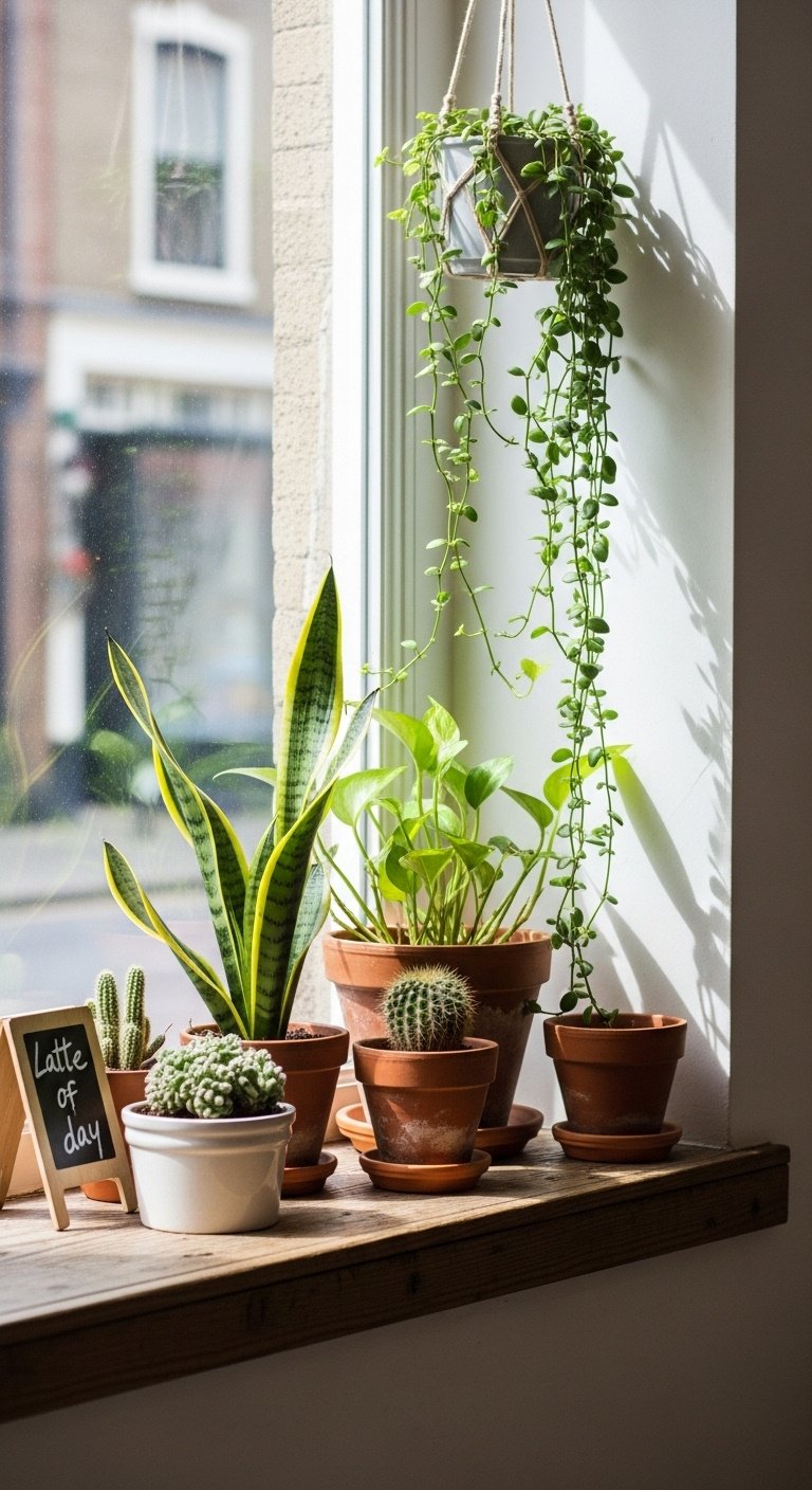Sunlit mini cafe window sill with various green plants in terracotta pots, a snake plant, pothos, and a small cactus for a cozy rustic feel
