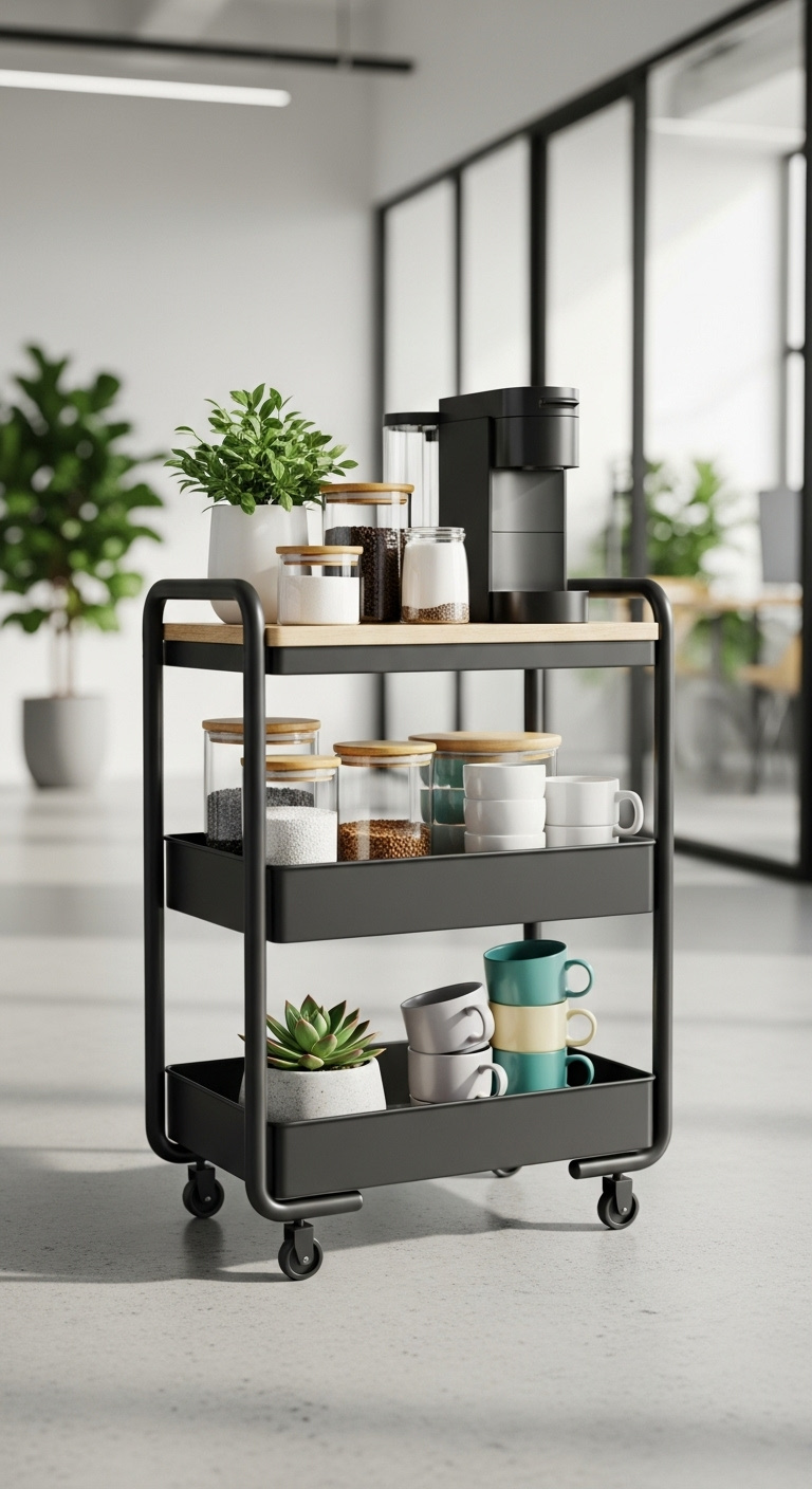 Sustainable eco-friendly coffee setup with bamboo shelving drip coffee maker compost bin and ceramic mugs