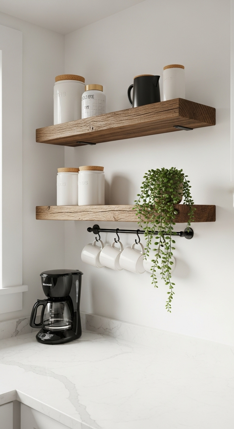 Sustainable eco-friendly coffee setup with bamboo shelving drip coffee maker compost bin and ceramic mugs