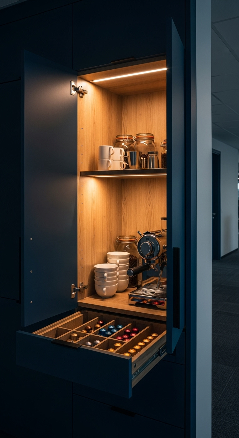Sustainable eco-friendly coffee setup with bamboo shelving drip coffee maker compost bin and ceramic mugs