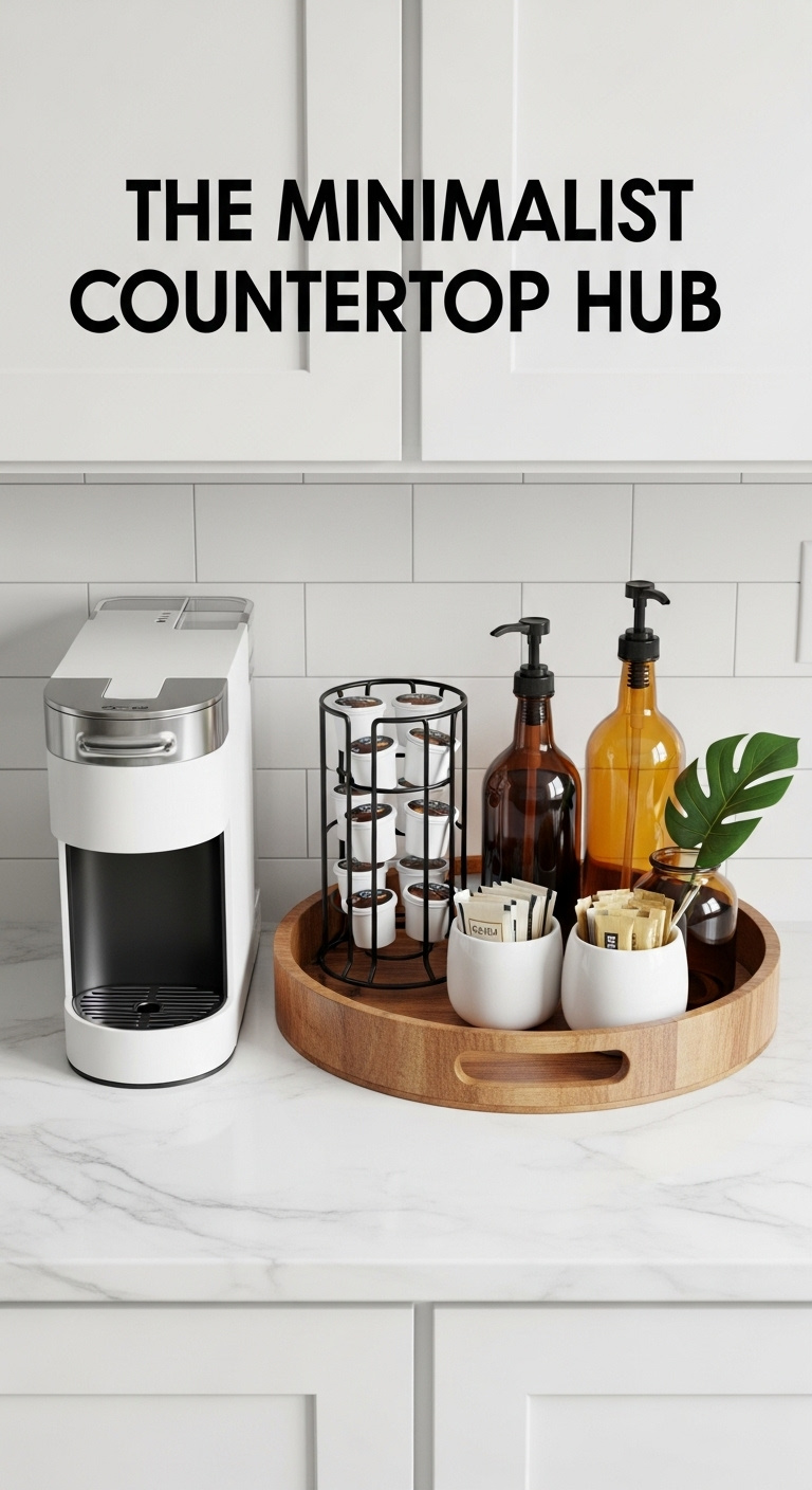 Sustainable eco-friendly coffee setup with bamboo shelving drip coffee maker compost bin and ceramic mugs