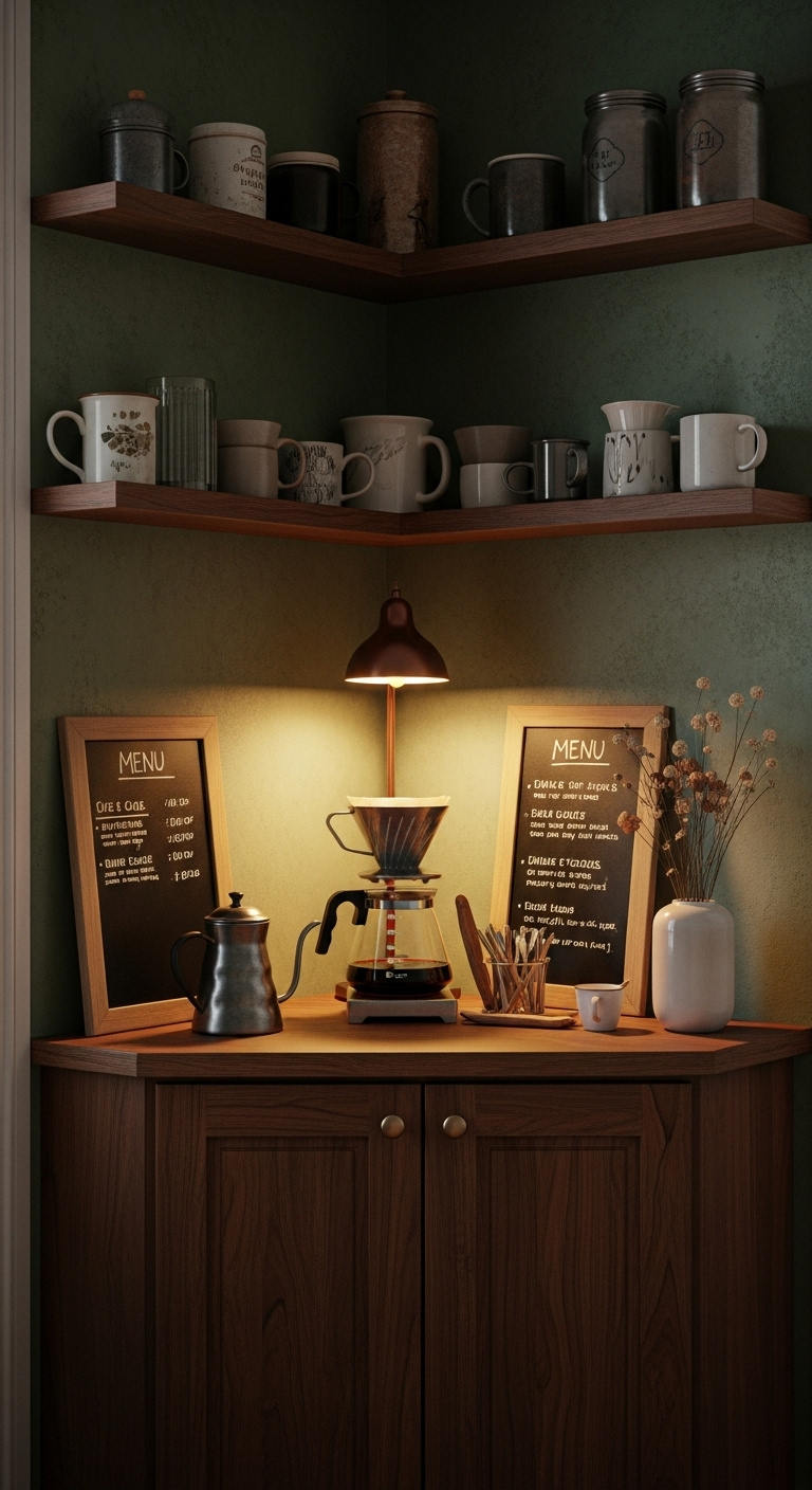 Sustainable eco-friendly coffee setup with bamboo shelving drip coffee maker compost bin and ceramic mugs