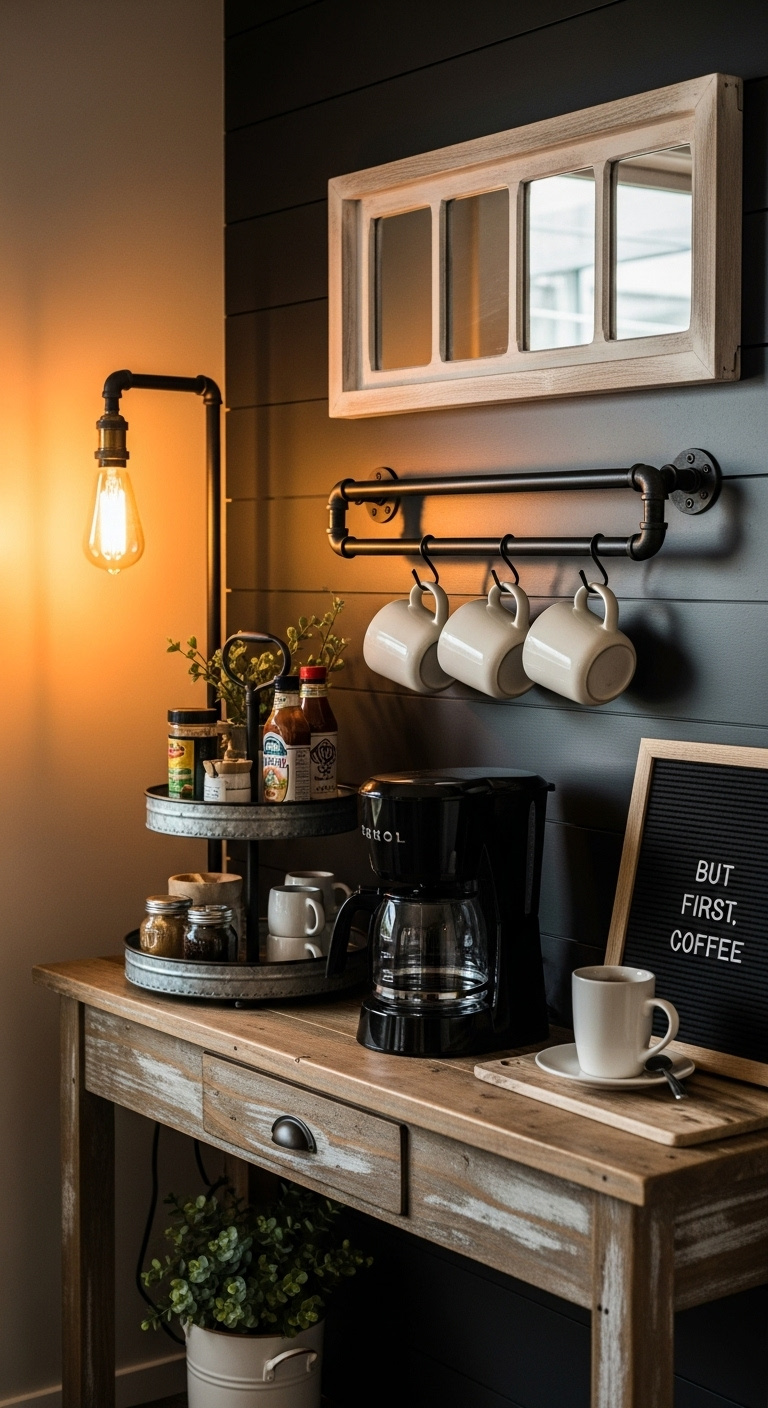 Sustainable eco-friendly coffee setup with bamboo shelving drip coffee maker compost bin and ceramic mugs