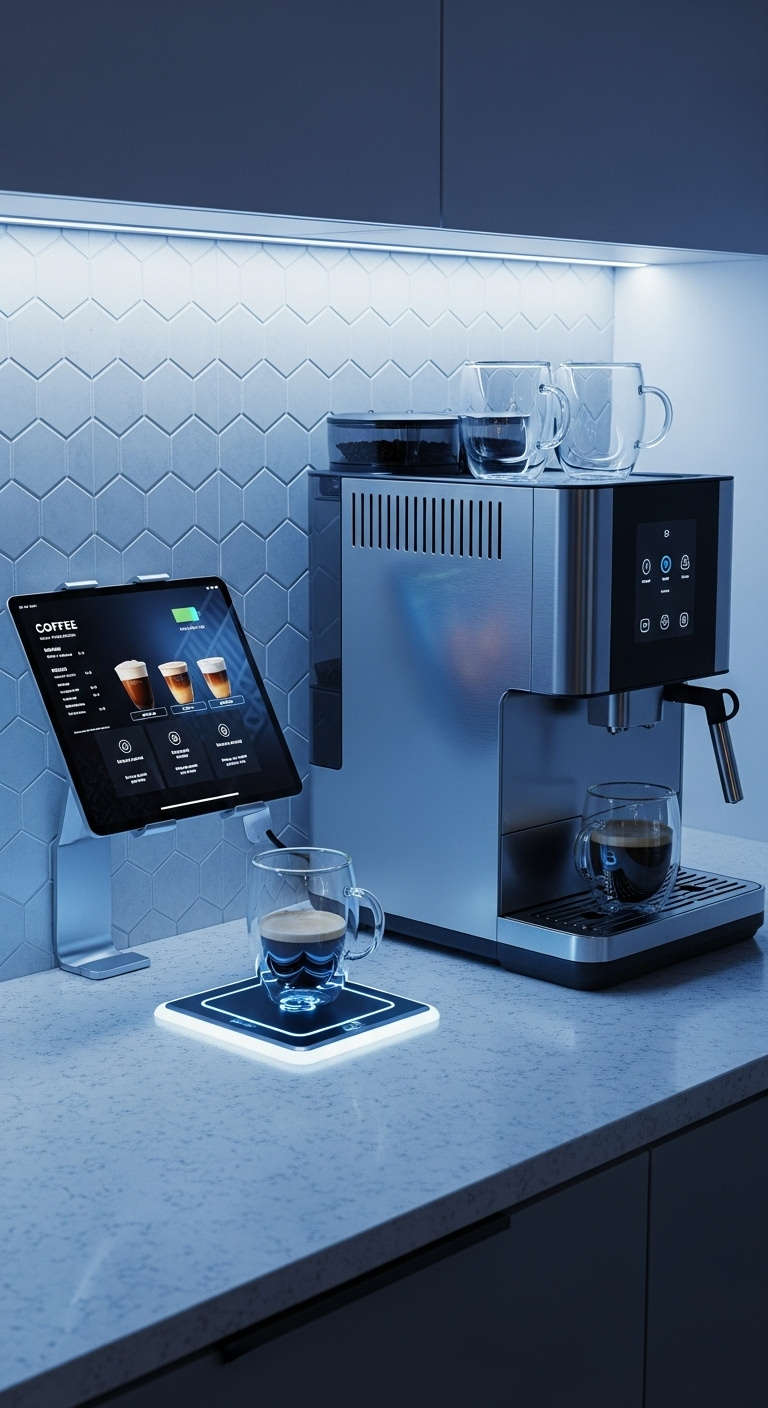 Sustainable eco-friendly coffee setup with bamboo shelving drip coffee maker compost bin and ceramic mugs