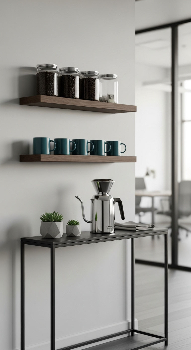Sustainable eco-friendly coffee setup with bamboo shelving drip coffee maker compost bin and ceramic mugs