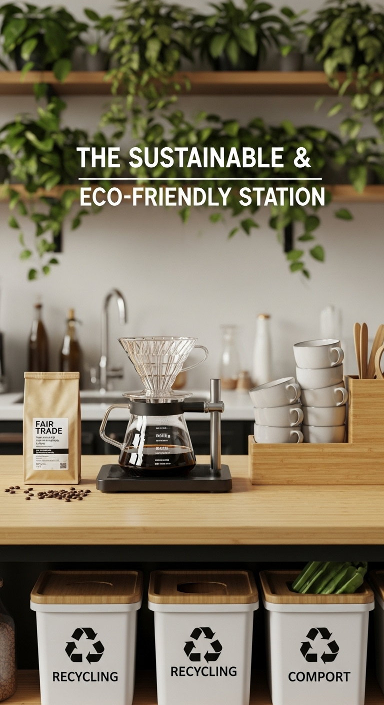 Sustainable eco-friendly coffee setup with bamboo shelving drip coffee maker compost bin and ceramic mugs