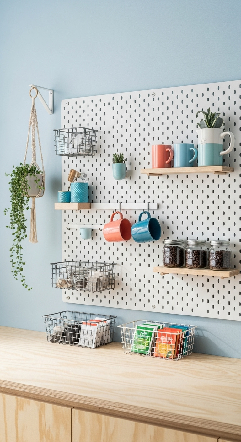 Sustainable eco-friendly coffee setup with bamboo shelving drip coffee maker compost bin and ceramic mugs