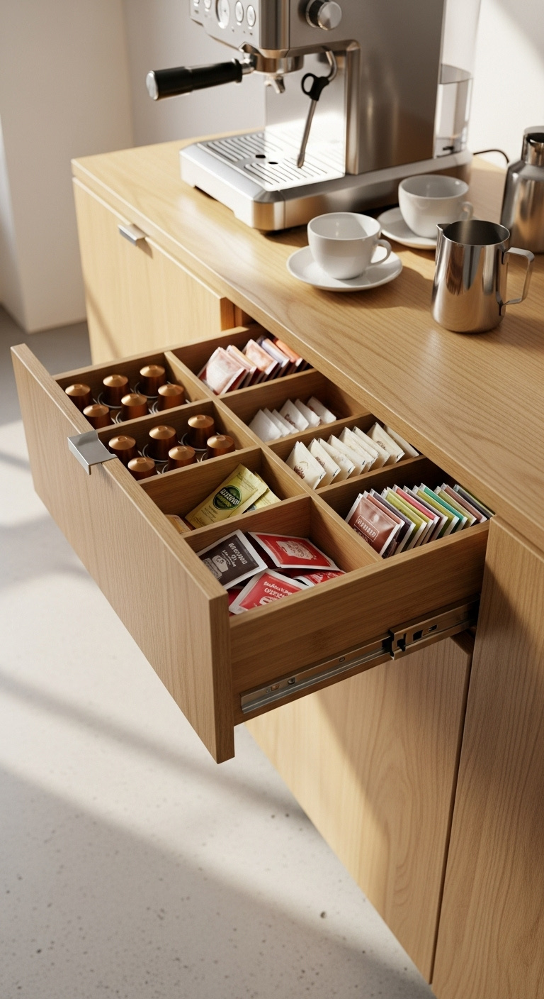 Sustainable eco-friendly coffee setup with bamboo shelving drip coffee maker compost bin and ceramic mugs