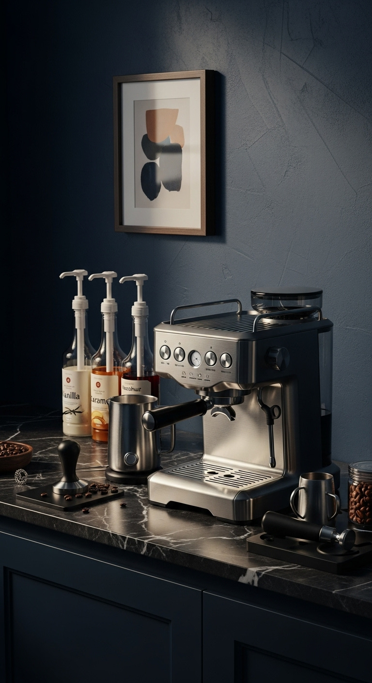Sustainable eco-friendly coffee setup with bamboo shelving drip coffee maker compost bin and ceramic mugs