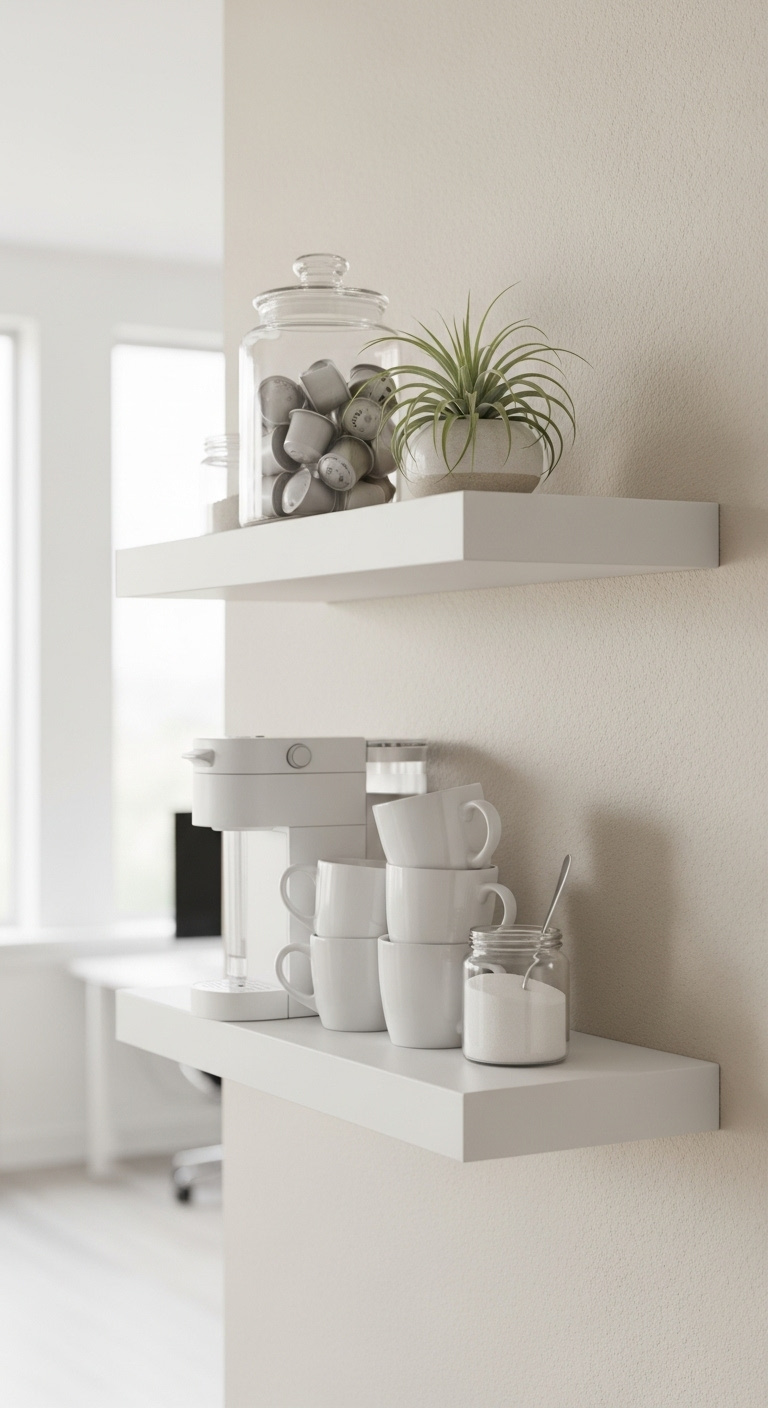 Sustainable eco-friendly coffee setup with bamboo shelving drip coffee maker compost bin and ceramic mugs