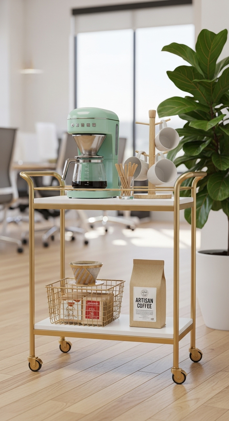 Sustainable eco-friendly coffee setup with bamboo shelving drip coffee maker compost bin and ceramic mugs