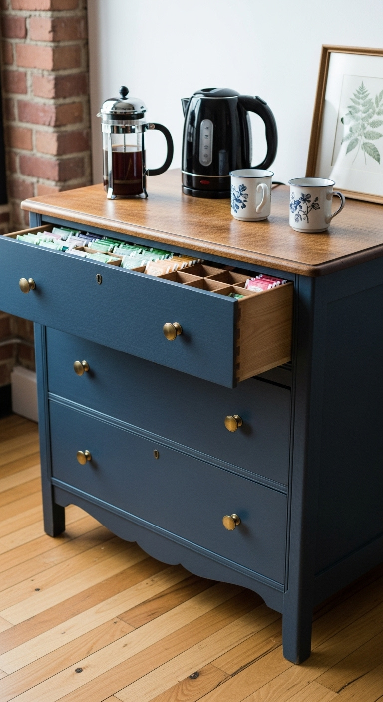 Sustainable eco-friendly coffee setup with bamboo shelving drip coffee maker compost bin and ceramic mugs
