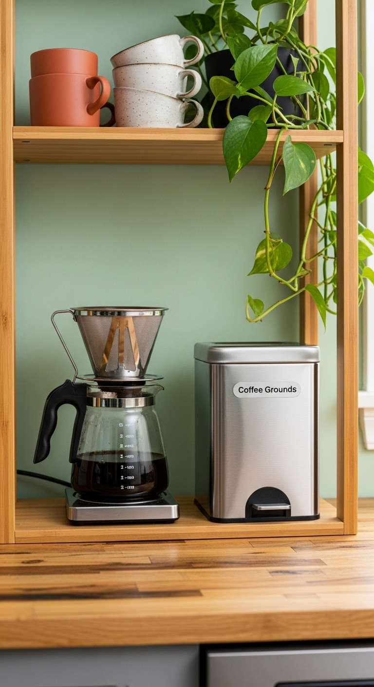 Sustainable eco-friendly coffee setup with bamboo shelving drip coffee maker compost bin and ceramic mugs