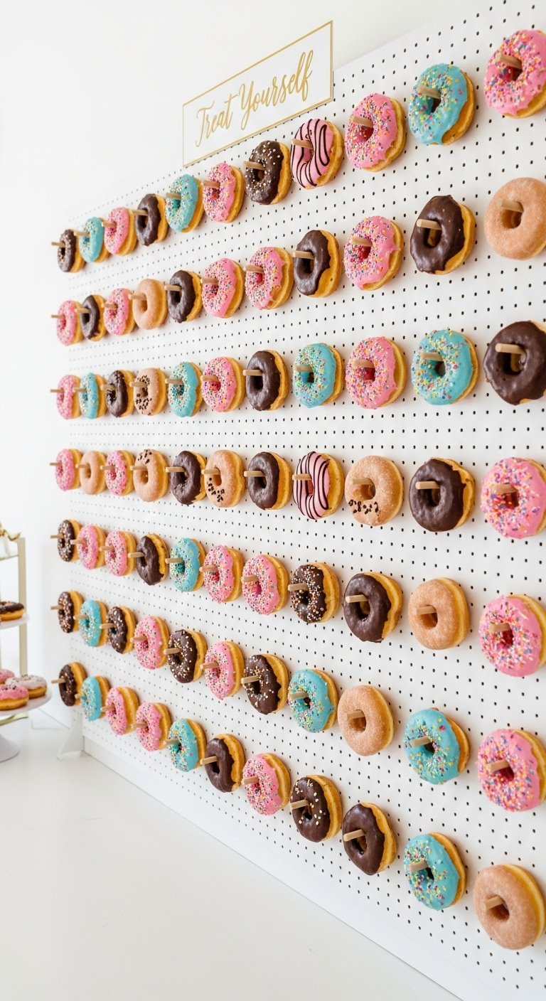 Sweet donut wall display with colorful donuts on white pegboard perfect for parties and celebrations