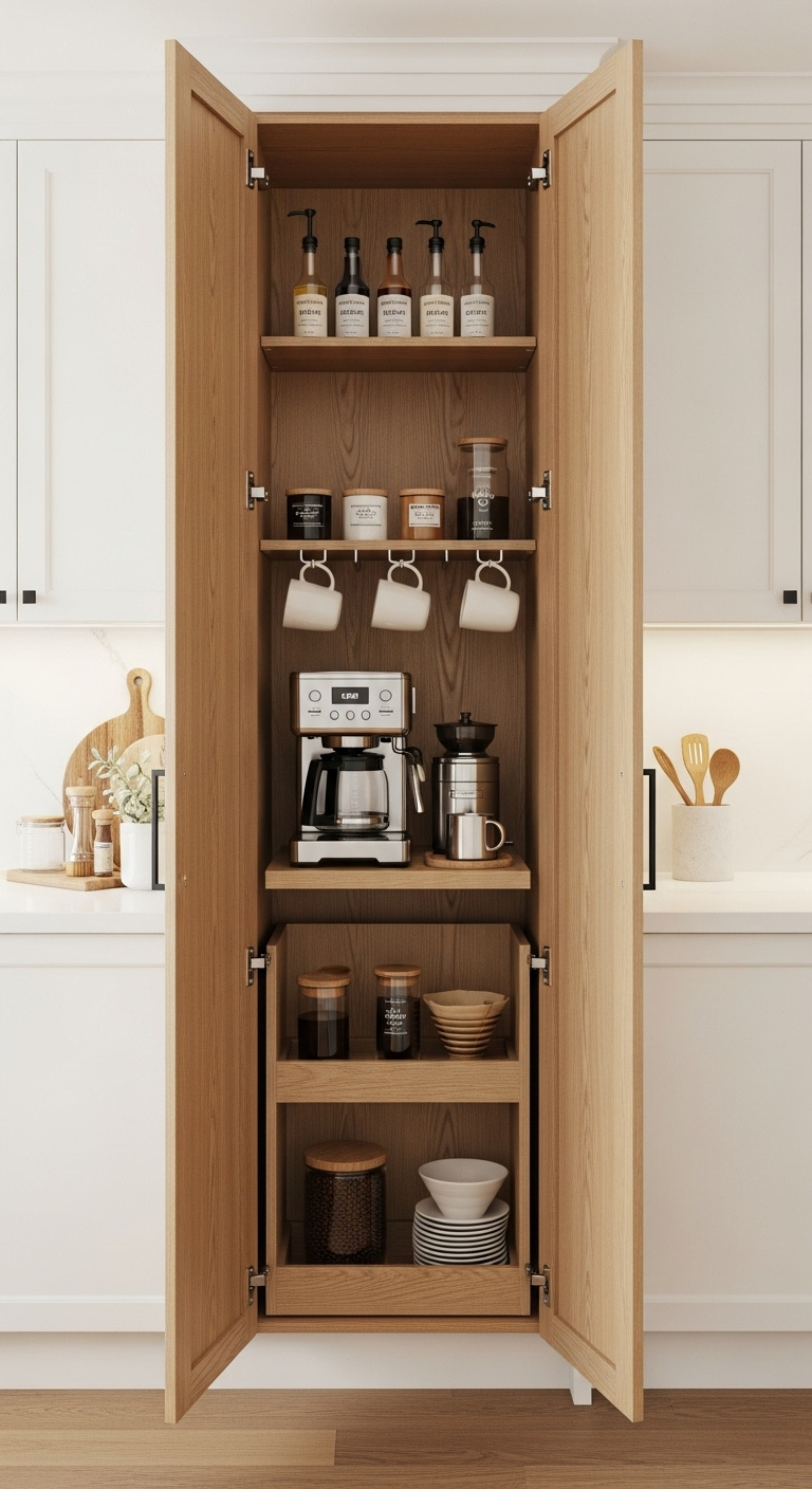 Tall kitchen cabinet with bi-fold doors open revealing a hidden coffee station with a coffee maker grinder and mug racks