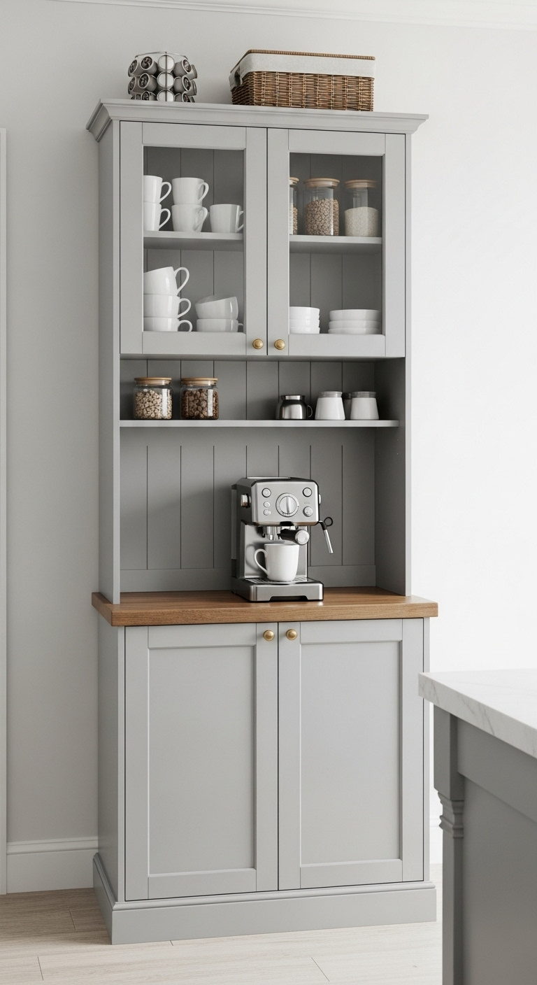 Tall slender gray pantry tower coffee station with glass doors espresso machine and organized mugs in a bright kitchen
