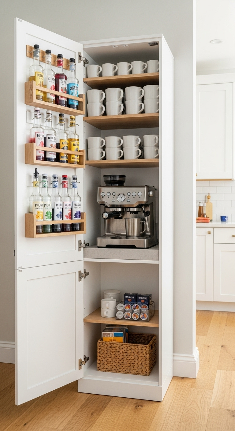 Tall slim white coffee cabinet with open door revealing espresso machine mugs and syrup racks