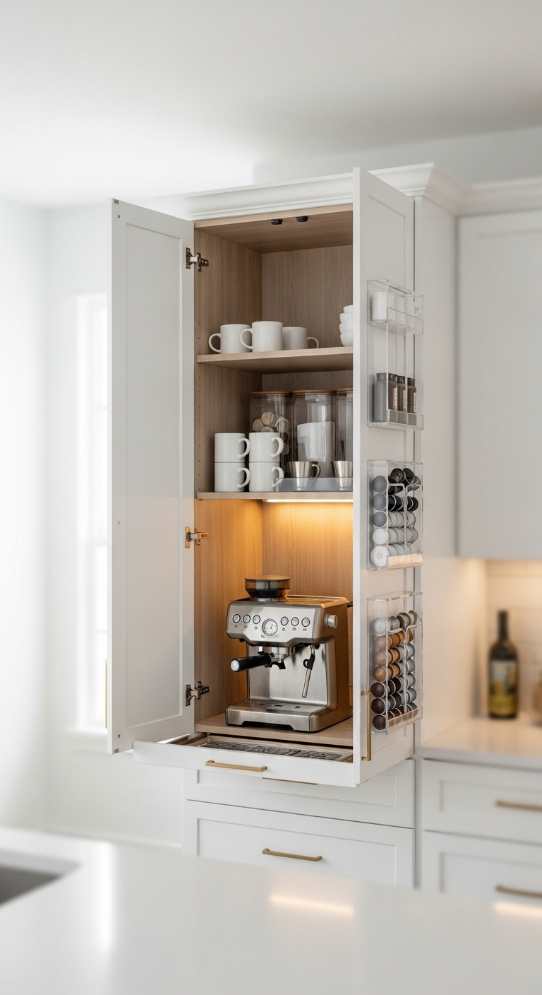 Tall white pantry cabinet with open doors revealing a perfectly organized built-in coffee station with an espresso machine and pods