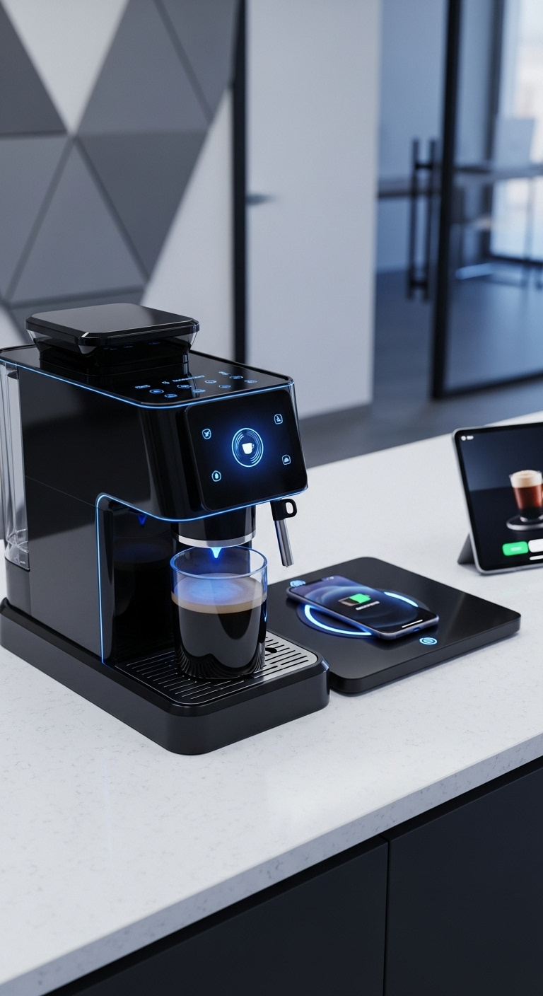 Tech-integrated smart coffee station with sleek black coffee maker touchscreen and wireless charging pad