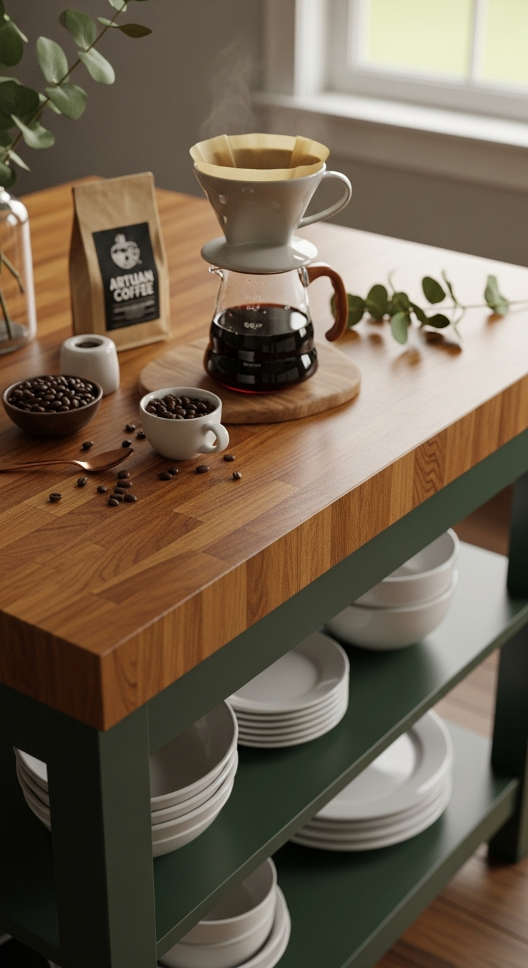 Thick butcher block countertop on a dark green island base with a vintage-style pour-over coffee setup and ceramic dripper