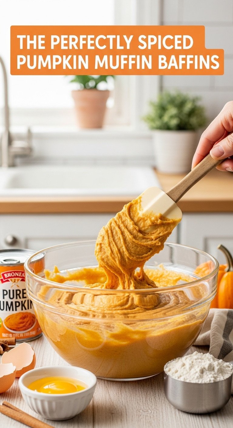Thick orange pumpkin muffin batter in a mixing bowl with a spatula on a light wooden countertop with pumpkin puree and an egg