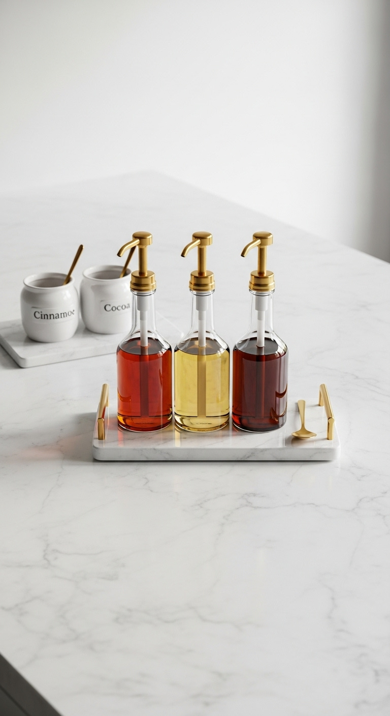 Three glass syrup dispensers with gold pumps on a white marble tray with cinnamon and cocoa jars and a gold spoon