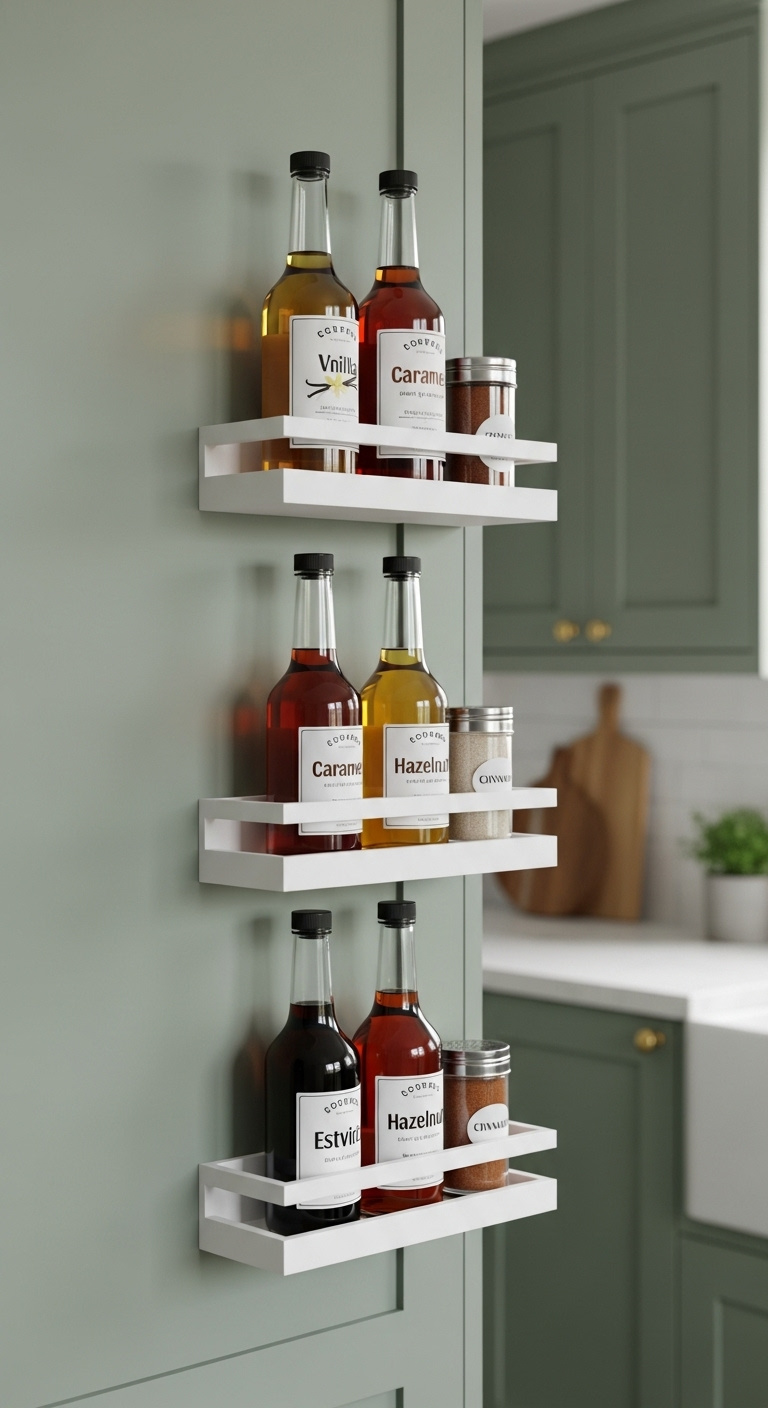 Three narrow white shelves mounted on the side of a sage green kitchen cabinet holding labeled coffee syrups and cinnamon shaker