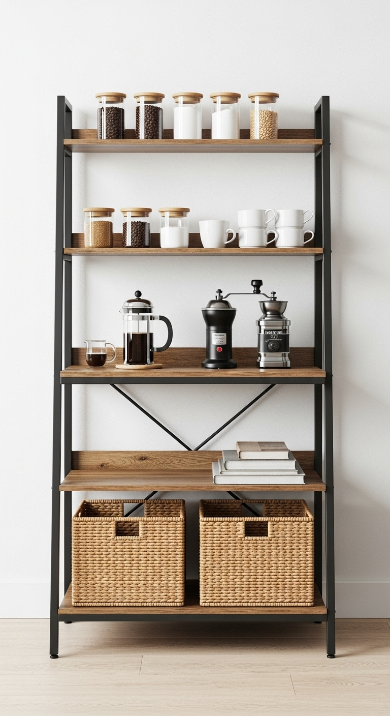 Three shelf black metal and wood bookshelf repurposed as a coffee bar with French press and electric grinder