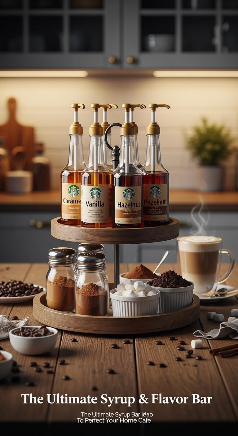 Three-tiered wooden tray with coffee syrups cinnamon cocoa powder chocolate shavings and marshmallows creating an indulgent home coffee bar