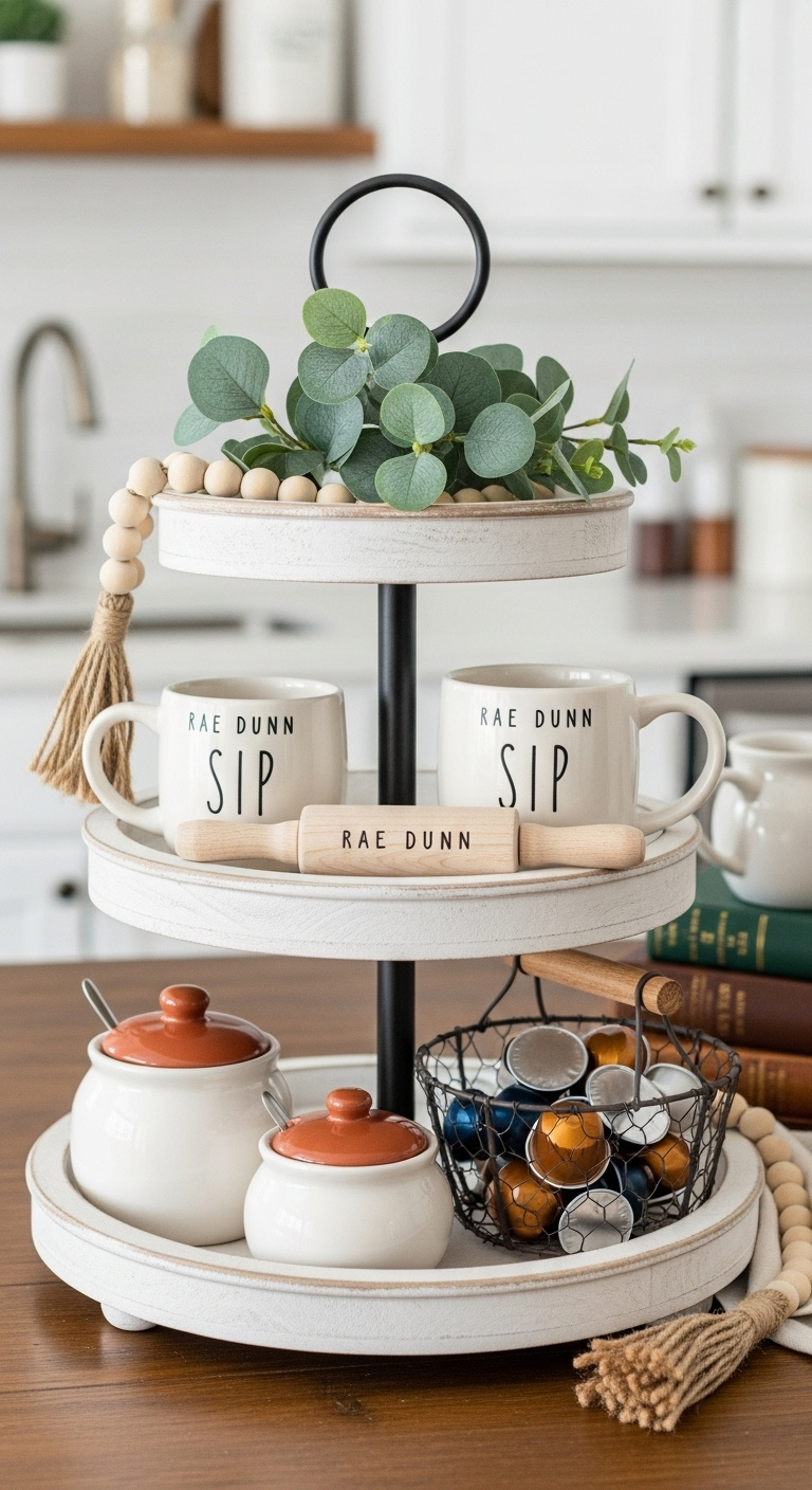 Tiered tray centerpiece with distressed white wood and black metal holding sugar pods Rae Dunn mugs eucalyptus plant and bead garland