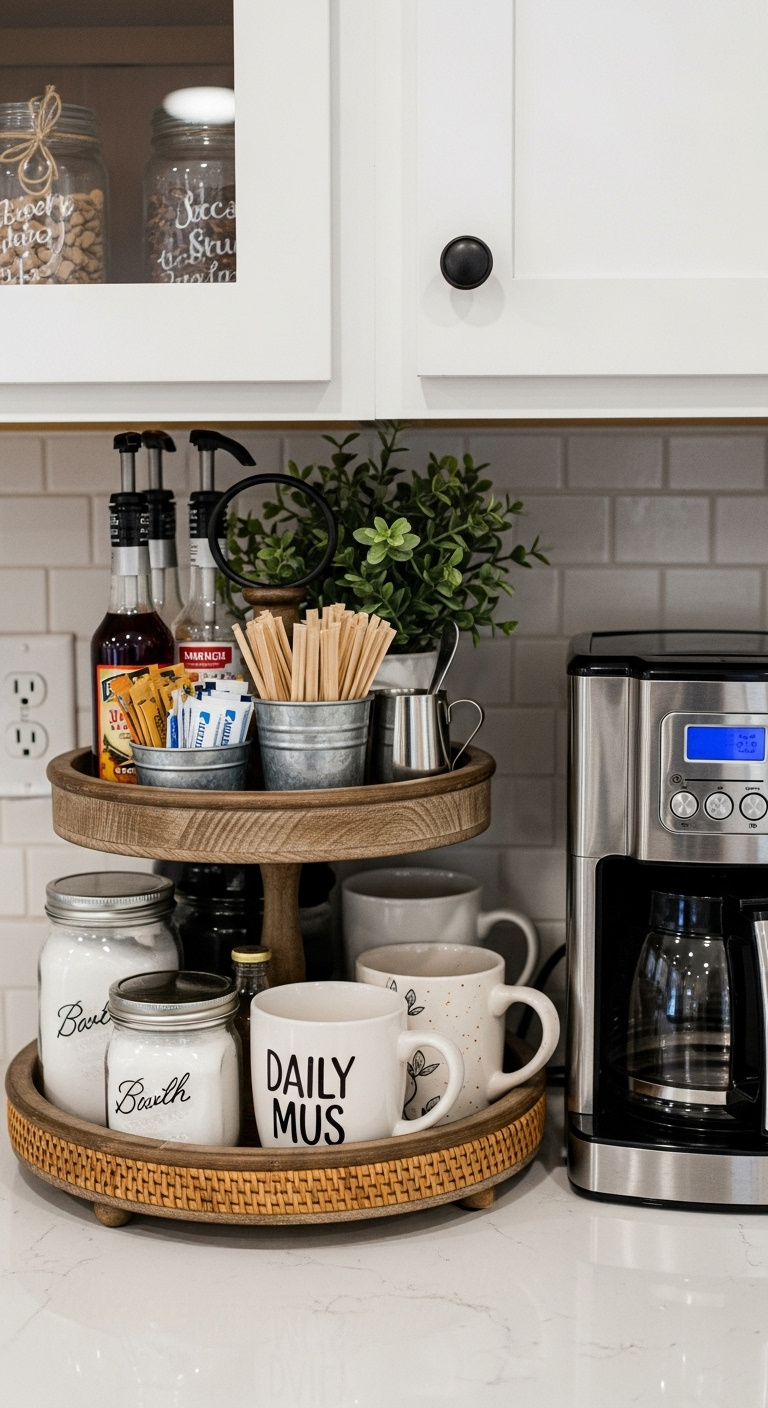 Tiered tray display organizing coffee essentials like sugar syrup mugs and a faux plant on a rustic wood tray