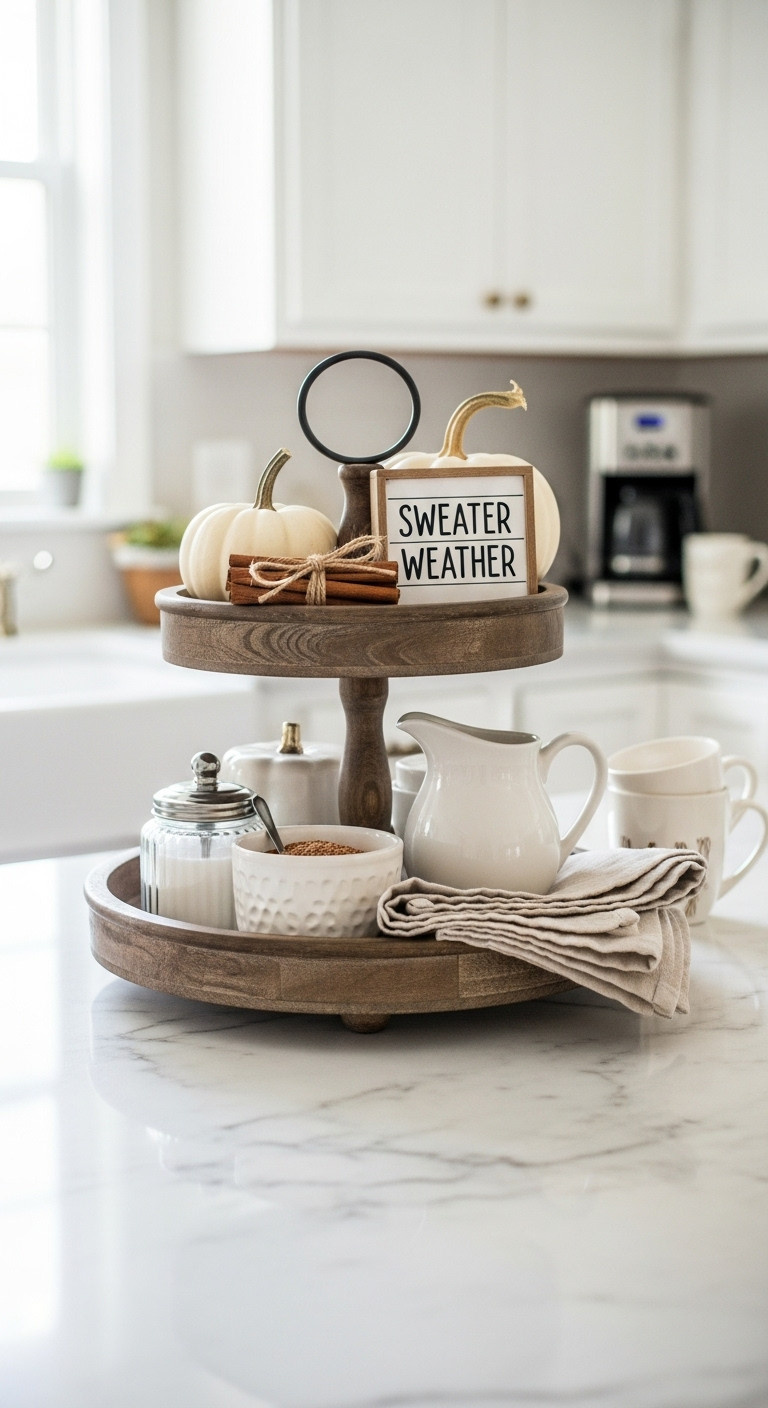 Tiered wooden tray with sugar bowl, creamer, napkins, mini pumpkin, Sweater Weather sign, and cinnamon sticks for a fall coffee bar