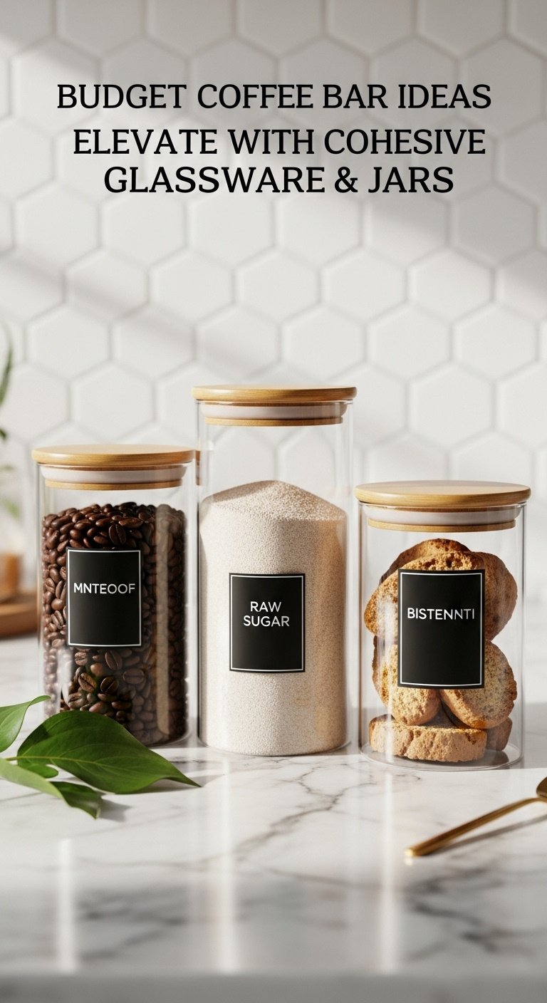 Budget Coffee Bar Ideas That Look High End Without Splurging 6 Trio of clear glass airtight jars with minimalist bamboo lids filled with coffee beans raw sugar and biscotti
