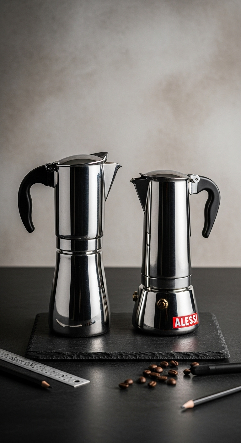 Two iconic Alessi stovetop espresso makers La Conica and 9090 on a dark slate surface with an architect's ruler