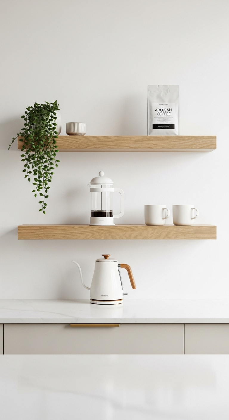 Two light oak floating shelves on a white wall holding a French press mugs a trailing plant and artisan coffee bag
