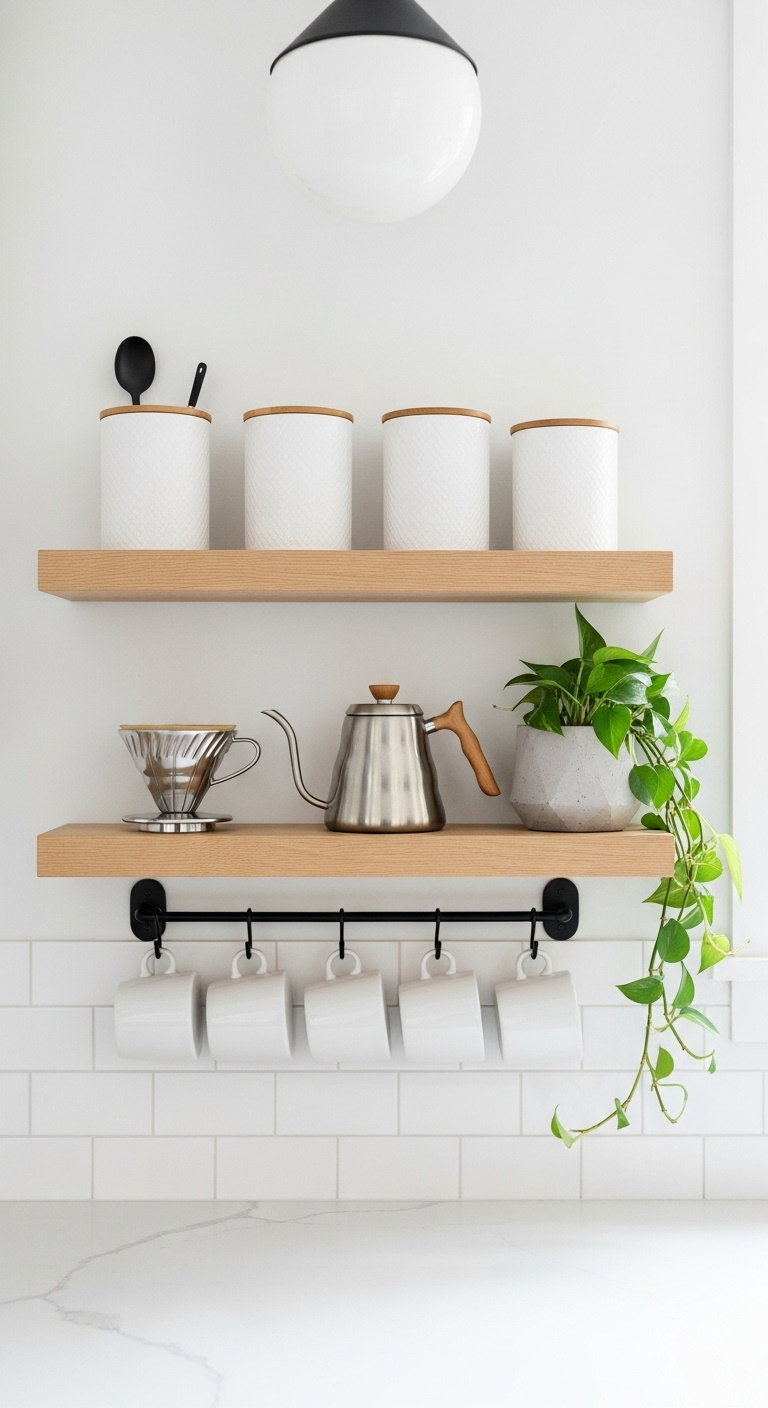 Two light-oak floating shelves on a white wall with ceramic canisters pour-over coffee dripper kettle plant and hanging mugs