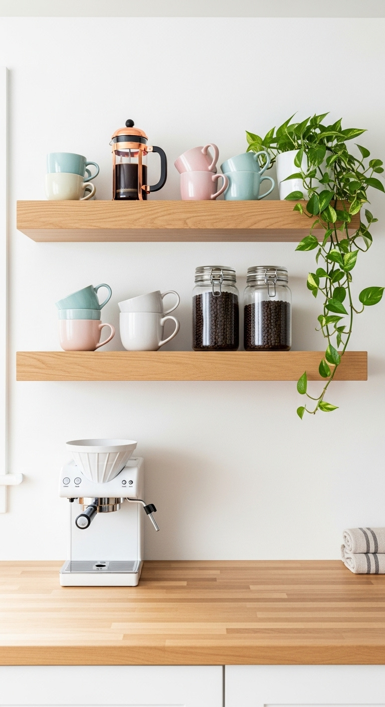 Two light-oak floating shelves on a white wall with pastel mugs a copper French press and coffee beans