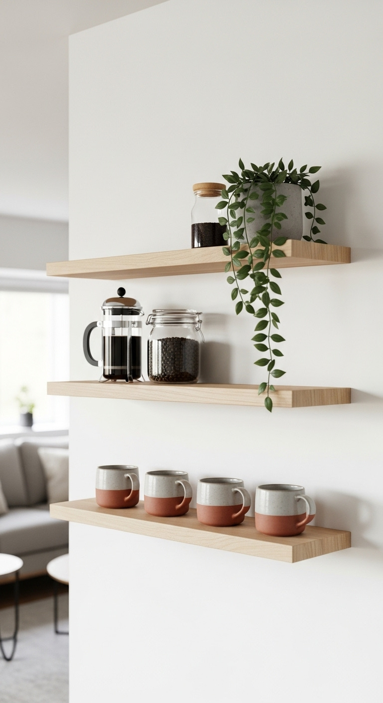 Two natural light wood floating shelves styled as a minimalist coffee station with mugs French press and a trailing plant