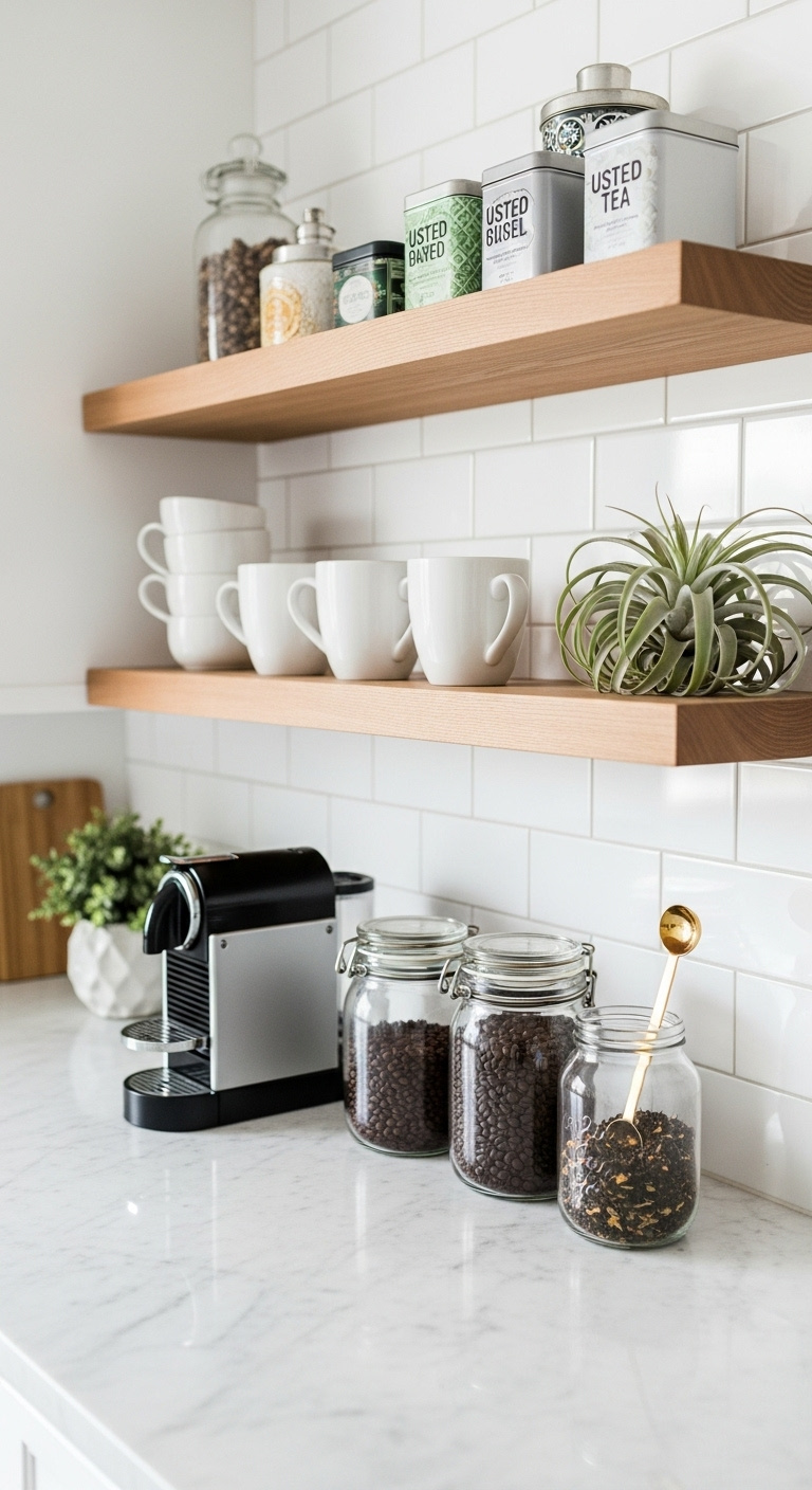 Two natural wood floating shelves on a white kitchen wall with coffee mugs coffee beans and loose-leaf tea