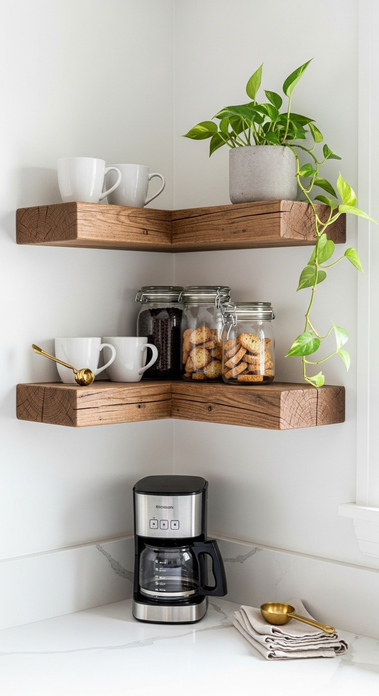 Two rustic reclaimed wood floating shelves on a white kitchen wall with mugs coffee beans biscotti and a plant