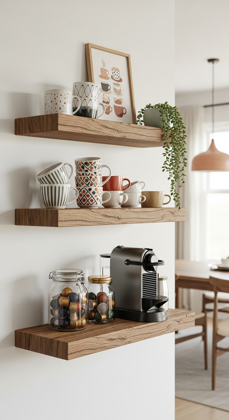 Two rustic wood floating shelves on a white wall holding a Nespresso machine pods colorful mugs and a hanging plant