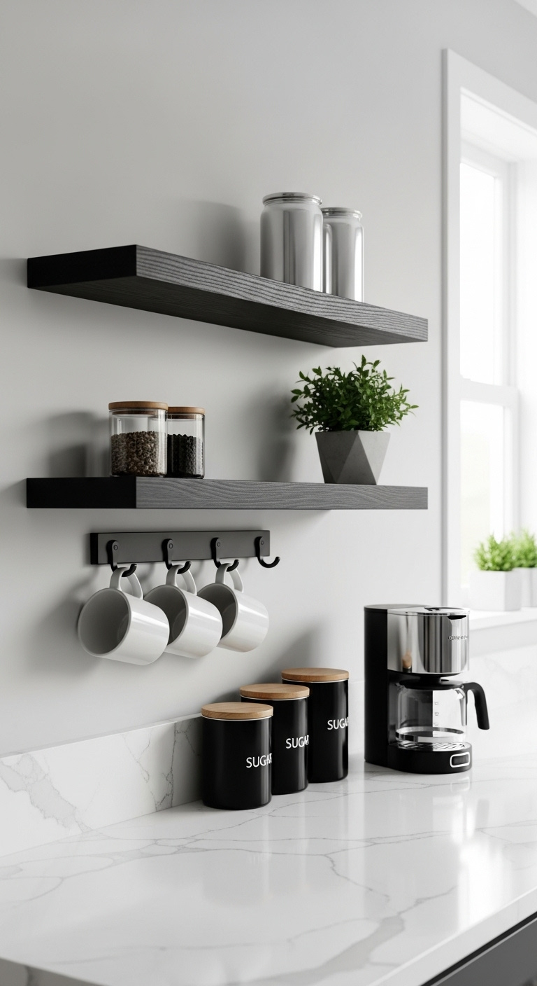Two sleek black wood floating shelves on a light gray wall with mugs canisters a plant and coffee maker on a white countertop